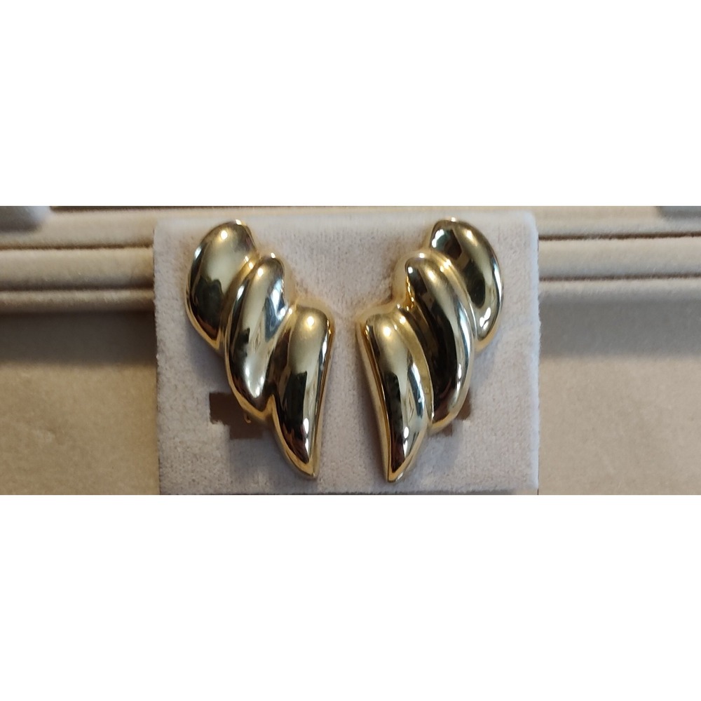 Vintage 80s Alexis Kirk Gold Tone Statement Earrings Clip On Huggie Modern - Picture 2 of 8